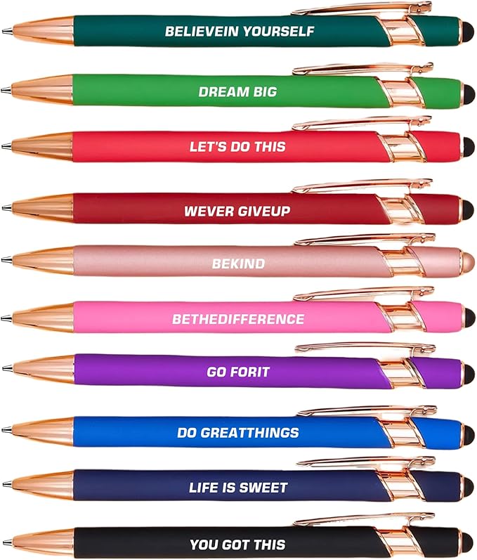 CRME 10 Colore Inspirational Pens Set Laser Engraving Every Pen has Different Quotes 2 IN 1 Stylus Pen Design no Need to Charge Smooth Writing Positive Affirmation Gifts for People Around You