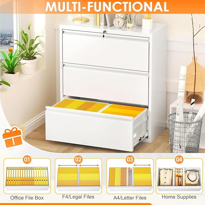 INTERGREAT 3-Drawer White Lateral File Cabinet, Locking Metal Lateral Filing Cabinets with Lock, 28" W Horizontal Storage Cabinet with Adjustable Shelves for Home & Office