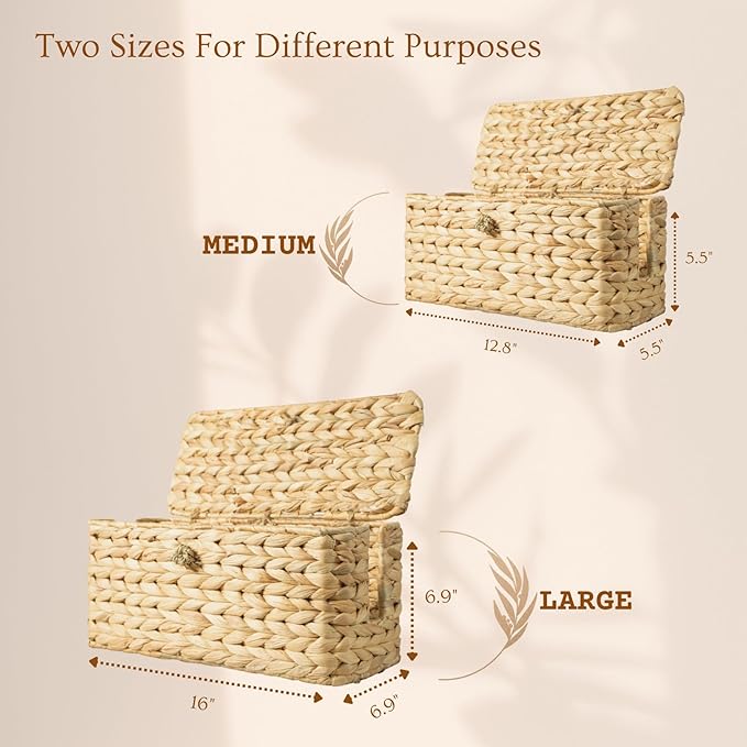 BINH YEN HOME Wicker Cable Management Box with Lid, Set of 2 Handwoven Water Hyacinth Cords Hider Boxes for TV, Computer, Router, USB Hub to Hide Cords & Power Strip for Desk, Floor, Office