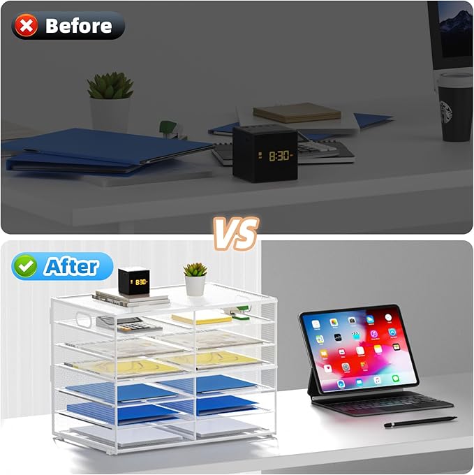 Lavatino 12 Compartments Paper Organizer for Desk, Mesh Literature Organizer, Mail File Sorter Tray with Handle, Desktop Mailbox for Office Classroom Home - White