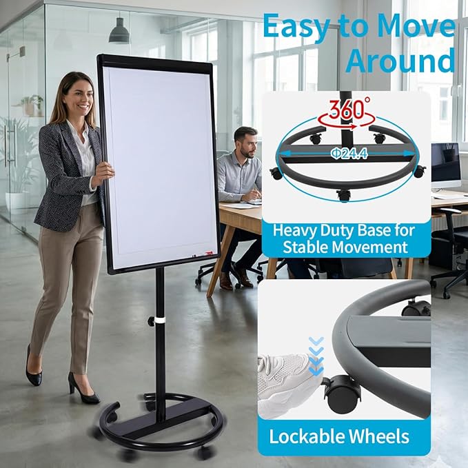 40 X 28 Inch Mobile Magnetic Whiteboard on Wheels, Rolling Dry Erase Board Easel on Height Adjustable Stand with Flipchart Paper Pad (25 Sheets) for Class Teaching, Office Meeting & Workshops