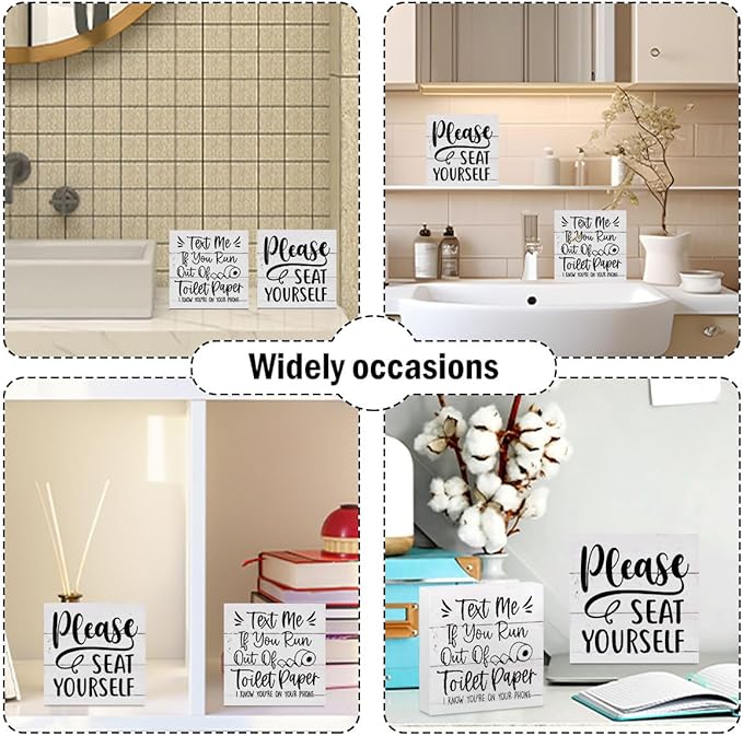 CQM 2 PCs Funny Bathroom Decor, Humorous Bathroom Decorative Sign, Rustic Farmhouse Style, White Wooden Box Sign, 5.1 x 5.1 inches, Wood Material