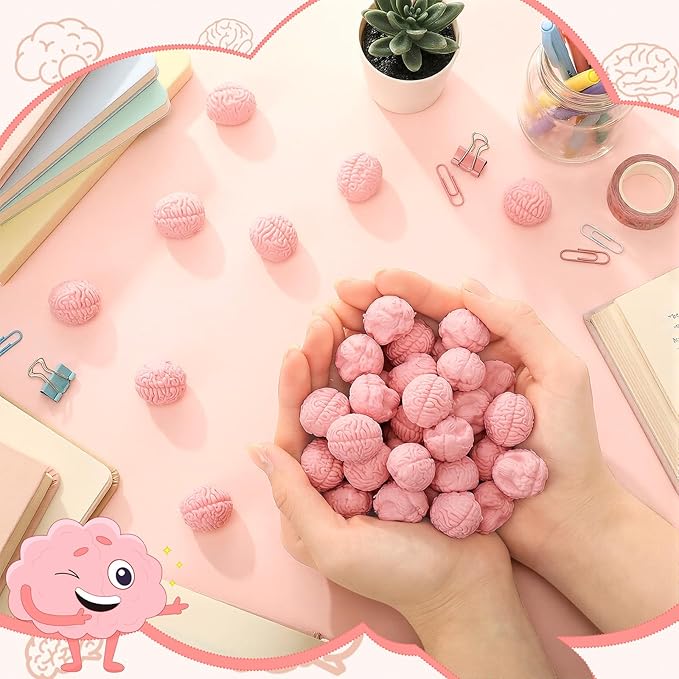 Gilprop 48 Pcs Brain Shaped Erasers Bulk, 1 Inch Mini Halloween Erasers Halloween Party Favors Fun Classroom Supplies Cute Novelty Gifts for Students Teacher Must Haves (Pink)