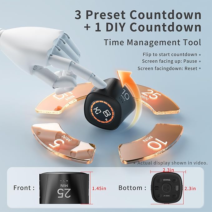VEWINGL Cube Productivity Timer, 5/10/25/DIY Min Presets + Count-Up Mode, Time Display & Alarm Clock, Sound/Vibrate/Silent Alerts, Pause & Resume, Desk Timer for Work, Study, Kitchen (Black)