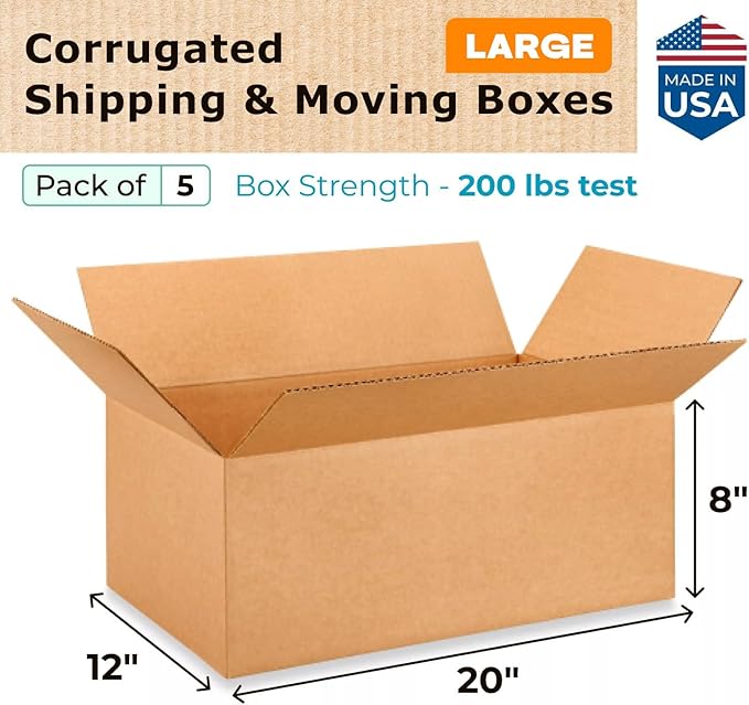 Large Shipping & Moving Boxes 20 x 12 x 8 inches (5-Pack) - Extra Strength 200 lb vs Regular - Corrugated Cardboard Boxes for USPS/UPS/FEDEX - Strong Large Box by IDL Packaging