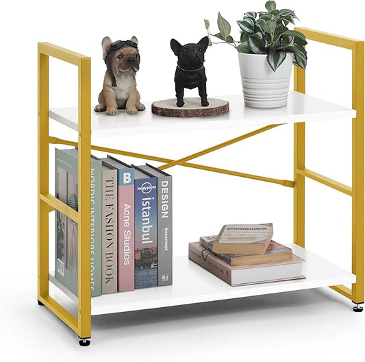 CAPHAUS 2 Tier Small Bookshelf, 24 Inch Width Free Standing Shelf, Bookcase Shelf Storage Organizer, Industrial Book Shelves for Home Office, Living Room, White Wooden Shelves & Gold Frame