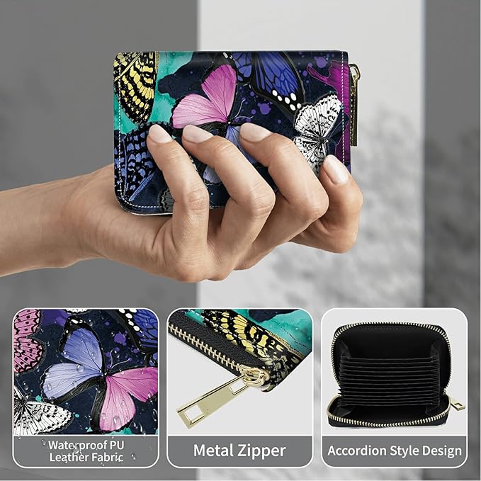 BWEGRHE Cute Credit Card Holder with Zipper, Color Butterfly RFID-Blocking Card Case Small Wallet for Women Men, Multi-slot Card Organizer Case Travel Accordion Wallet