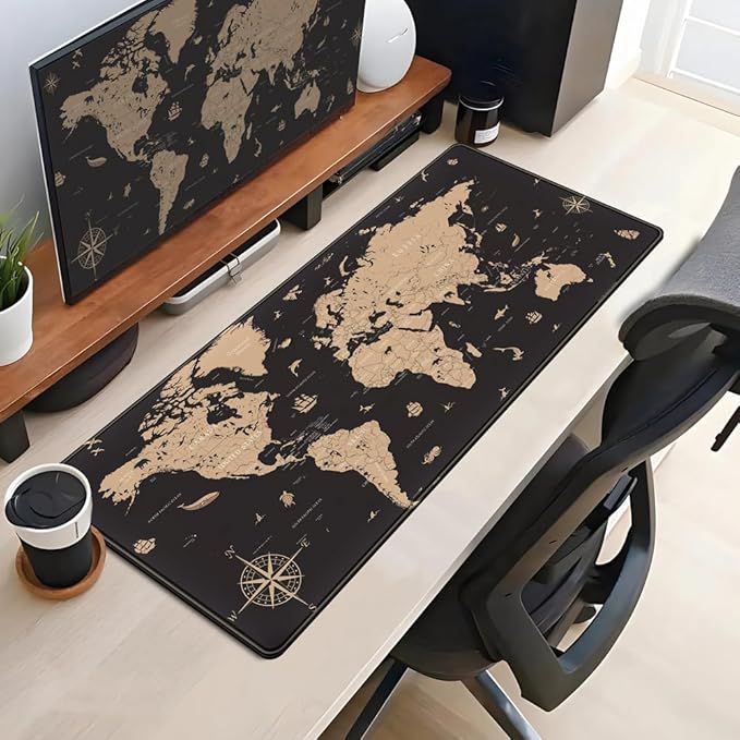 World Map Desk Mat Historical World Map Desk Pad Extra Large Computer Mouse Pad XL Black Topographic Mousepad Keyboard Pad for Desk Gaming Computer Laptop Office Non-Slip Desk Pad 31.5x11.8 in