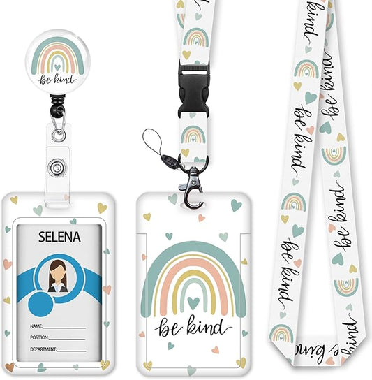Green Rainbow Badge Holder Retractable Lanyard, Lanyards for ID Badges Name Tags Vertical Card Holder, Detachable Lanyard Badge Reel Retractable, Teacher Nurse Workers Women Office Gifts