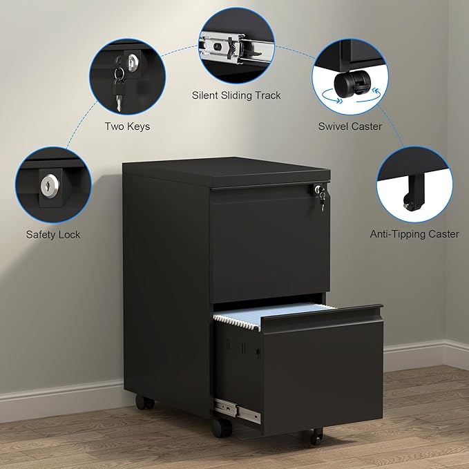HOMOFFICE 2 Drawer File Cabinet with Lock, Metal Mobile Filing Cabinet on Wheels, Compact Desk Side Storage Cabinet for Home Office, Letter/Legal/A4 File Organizer with Anti-Tip Wheel (Black)