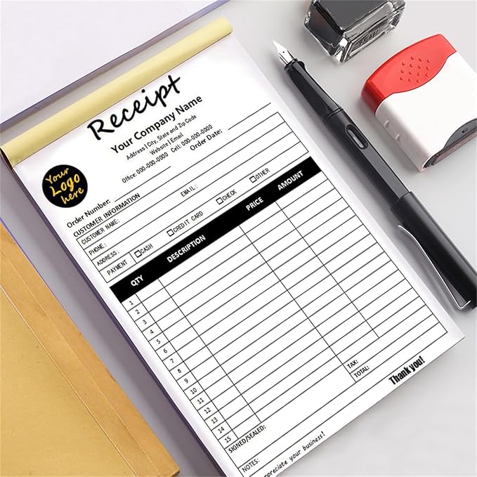 Custom Invoice Book in 3-Part /2-Part Receipt Book with Carbon Copies Personalized Carbonless Service Invoice Form Books Sales Order Book with Company Name Logo Address,D-Receipt Book