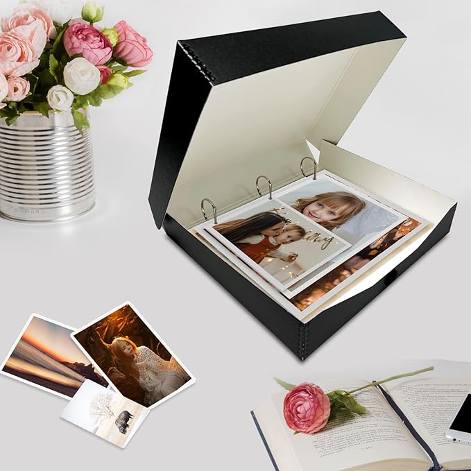 Lineco Archival Oversized 3-Ring Album Box with Clamshell Style Lid, Holds Up 55 Pages, 13.25 x 11.75 x 2.5 inch, Black
