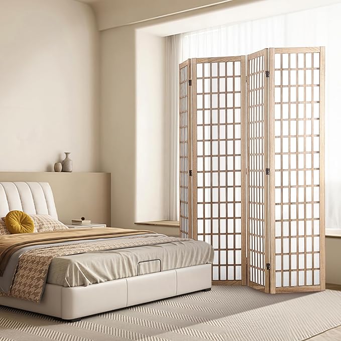 VEVOR Room Divider, 4 Panel Japanese Room Divider, Folding Privacy Screen Indoor, Portable Partition Dividers and Decoration Screens, for Room Separation, Home, Office, Restaurant & Bedroom (Natural)