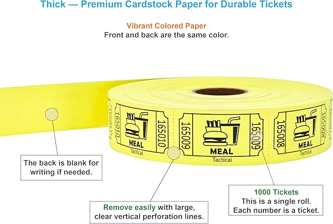 Tacticai 1000 Raffle Tickets, Meal, Yellow (1 of 8 Colors), Single Roll, Ticket for Events, Food, Class Reward, Fundraiser & Prizes