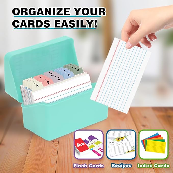 H4D 3x5 Index Card Holder with 100 Heavyweight Ruled Index Cards and 25 Plastic Dividers, Mint Green