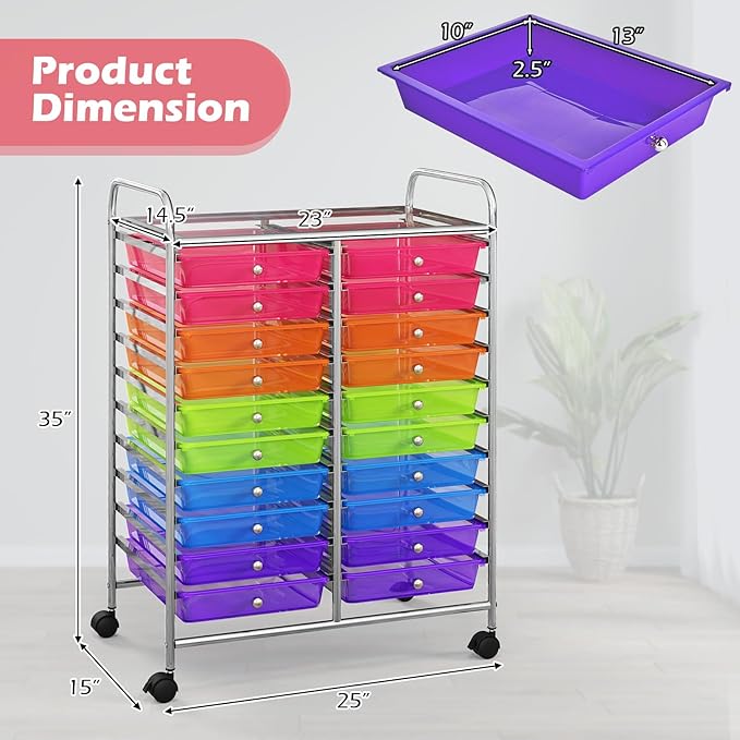 Happygrill 20-Drawer Organizer Cart Tools, Mobile Utility Storage Cart with Removable Drawers & Lockable Wheels, Rolling Storage Cart with wheels for Home Office School (Rainbow)