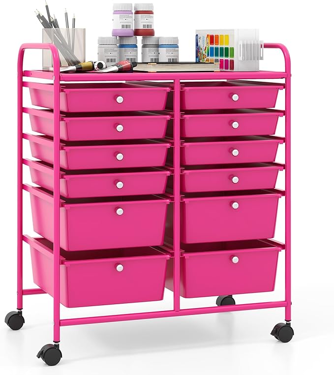 Giantex 12 Drawer Rolling Storage Cart Tools Scrapbook Paper Office School Organizer (Hot Pink)