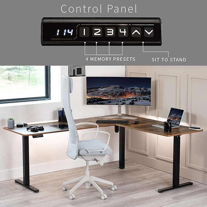 VIVO Electric Corner 75 x 63 inch L-Shaped Standing Desk, Memory Height Adjustment, Rustic Vintage Brown Top Black Frame, DESK-E3CTN-75