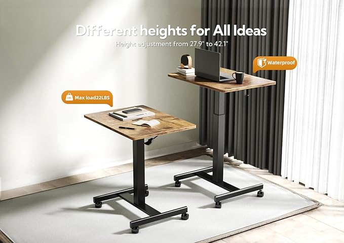 YDN Mobile Mobile Standing Desk with Lockable Wheels, Adjustable Height Portable Laptop Desk, 25.5" x 18.8" Rolling Desk with Hook for Computer Workstation, Rustic Brown
