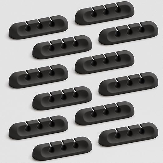 Apromisith USB Cable Organizer Clips Cord Holder,12 Packs (3-Slots) Black Self Adhesive Desk Cord Cable Management