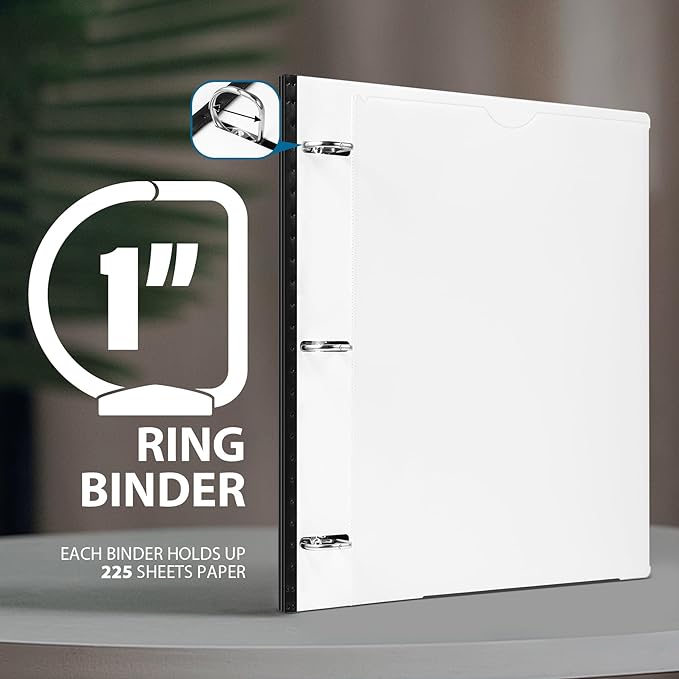 WOT I 1 Inch Telescoping 3 Ring Binder, Expandable Flexible Binder with Customizable Front Cover & Clear Catalog Pocket, Holds 225 Sheets, School Office Supplies, White