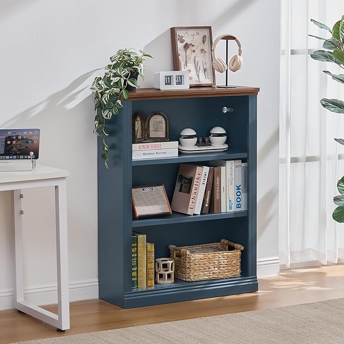 RWYHG 43" Blue Tall Bookshelf Set of 4,3-Tier Thick Wooden Book Shelf with Adjustable Shelves,Free Standing Farmhouse Bookcase with Open Display Storage,Floor Vintage Bookshelves for Living Room