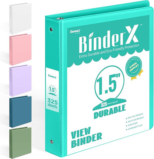 BinderX Extra Durable 1.5 Ring Binder, Round Ring 1.5 Inch Binders, Fits 325 Sheets of 8.5x11 Paper, Customizable View Cover with Inside Pockets, Cute 1.5" Binder, School Supplies for Girls, Aqua Blue