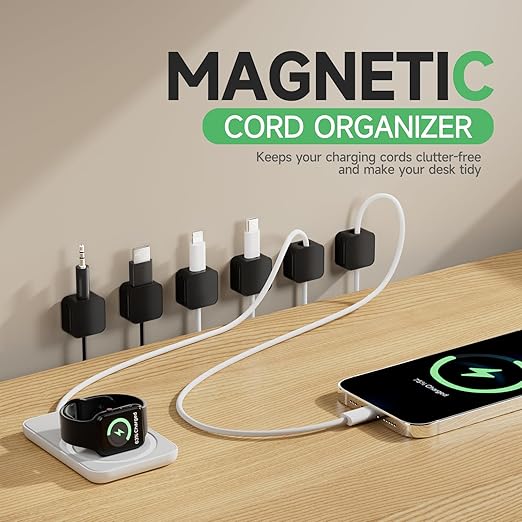 6 Black Magnetic Cable Clips,Under Desk Cable Management,Cord Holder for Nightstand Home Office Car Phone Wall,2025 Adhesive Cord Organizer[0.45" in Ht Save Space/Versatile for Wire Up to 0.27" OD]