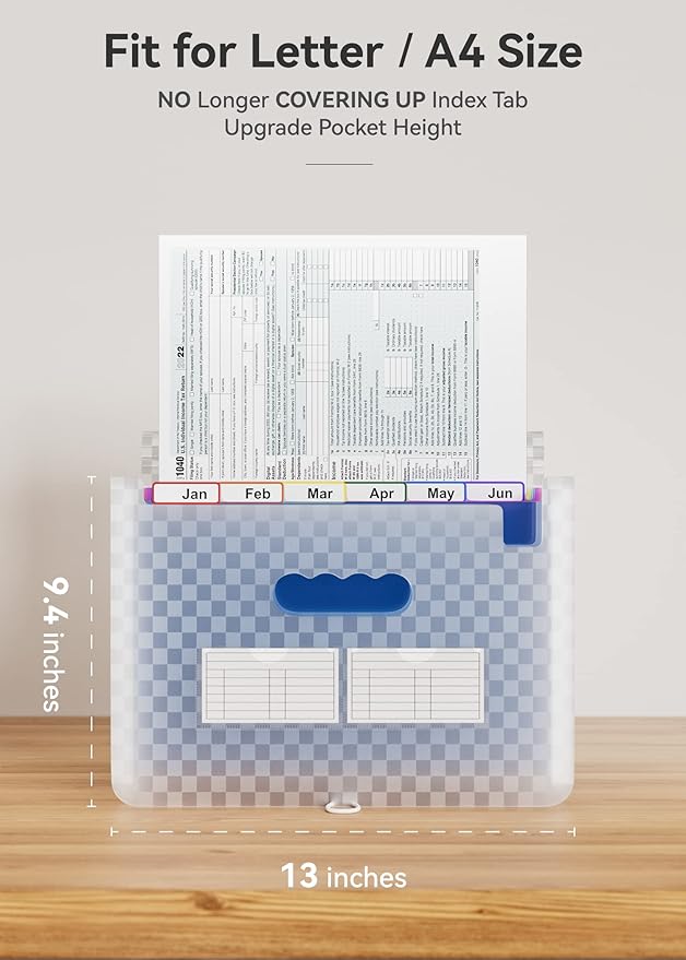 ABC life 12-Pocket Accordion File Organizer, Expandable File Folder with Colorful A-Z Tabs, Portable Bill & Receipt Organizer, Desktop Letter/A4 Document Storage for Home & Office-Blue