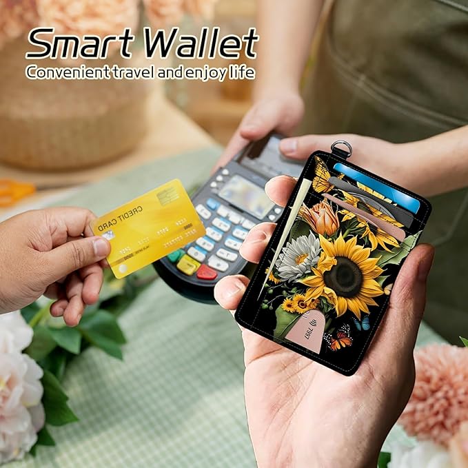 BWEGRHE Small Travel Wallets, Sunflowers Butterfly Slim Minimalist Front Pocket Wallet with Wristlet, RFID Blocking PU Leather Credit Card Holder with ID Window Change Purse for Men Women