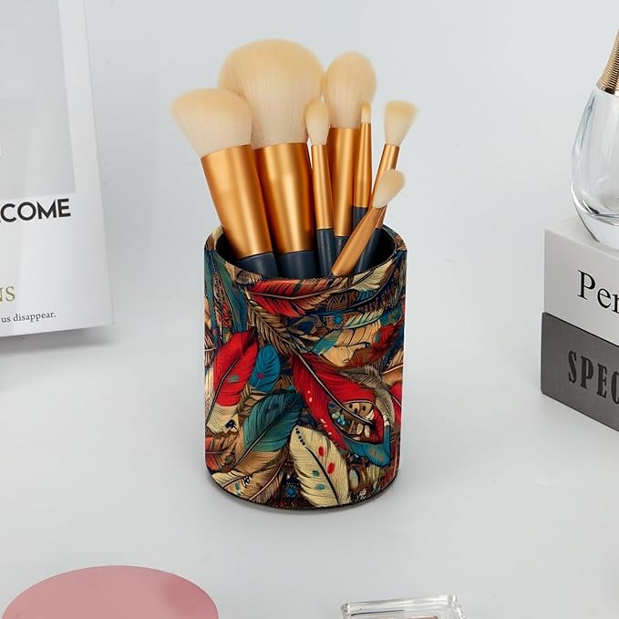 Leather Pen Holder for Desk, Colorful feathers Pencil Cup Desktop Organizer Makeup Brush Holders Office Supplies for Home, Kids & School