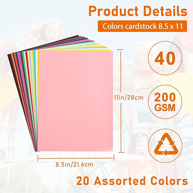 Guakicae 40 Sheets Colored Cardstock 8.5 x 11 Craft Paper, 20 Assorted Colors 75lb Thick Construction Paper Card Stock for DIY Making Cards, Wedding Invitations, School, Memus, Birthday Decorations
