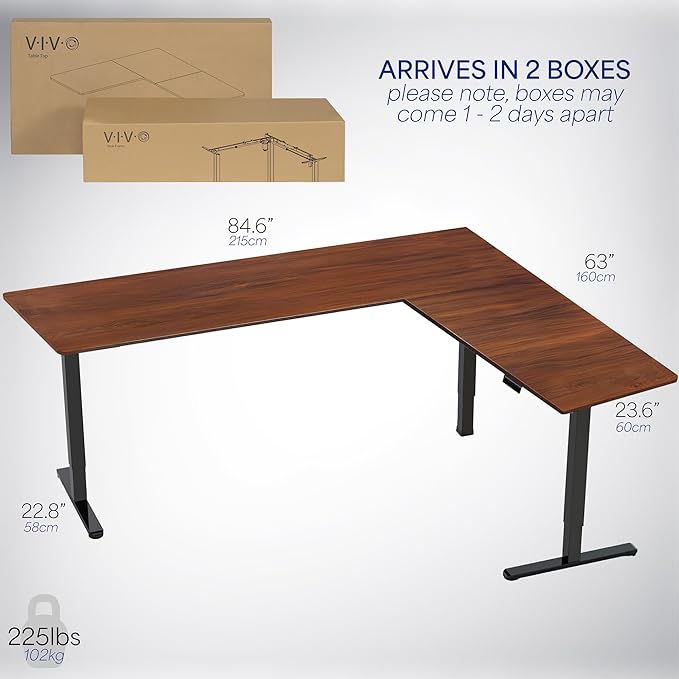 VIVO Electric Corner 84 x 63 inch L-Shaped Standing Desk, Memory Height Adjustment, Dark Walnut Top Black Frame, DESK-E3CTBD-84