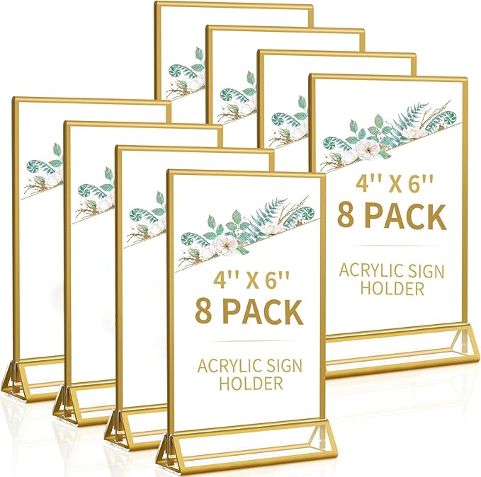 Smarpau 4x6 Gold Acrylic Sign Holder Table Number Holders 8 Pack Vertical Double Sided Clear Picture Frames for Wedding Flyer Display Stands Table Menu Holders