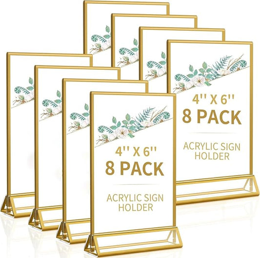Smarpau 4x6 Gold Acrylic Sign Holder Table Number Holders 8 Pack Vertical Double Sided Clear Picture Frames for Wedding Flyer Display Stands Table Menu Holders
