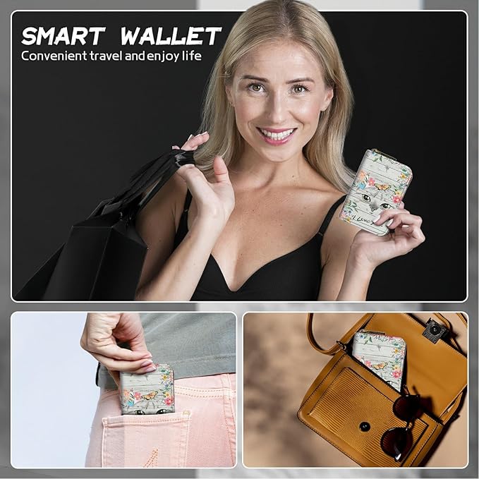 BWEGRHE Cute Credit Card Holder with Zipper, Cat Flowers RFID-Blocking Card Case Small Wallet for Women Men, Multi-slot Card Organizer Case Travel Accordion Wallet