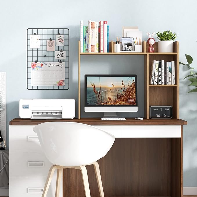 Tangkula Desktop Bookshelf, Countertop Storage Hutch with 5 Shelves for Computer Desk, 3-Tier Display Rack, Multipurpose Wood Storage Organizer for Dorm Office Home