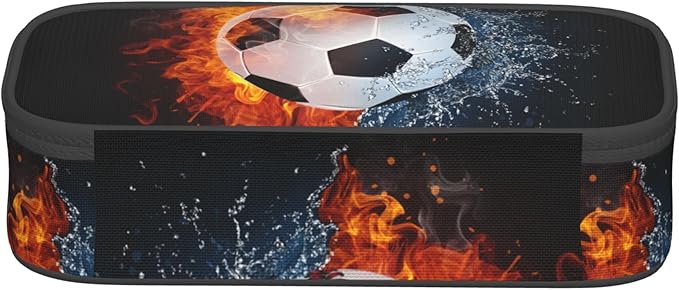 Boys Soccer Pencil Case with Water & Fire Pattern Print, Cool Black Pencil Box for Kids, Sports-Themed Canvas Storage Pouch Marker Pen Organization Bag, Portable Desk Office Organizer Travel Bag