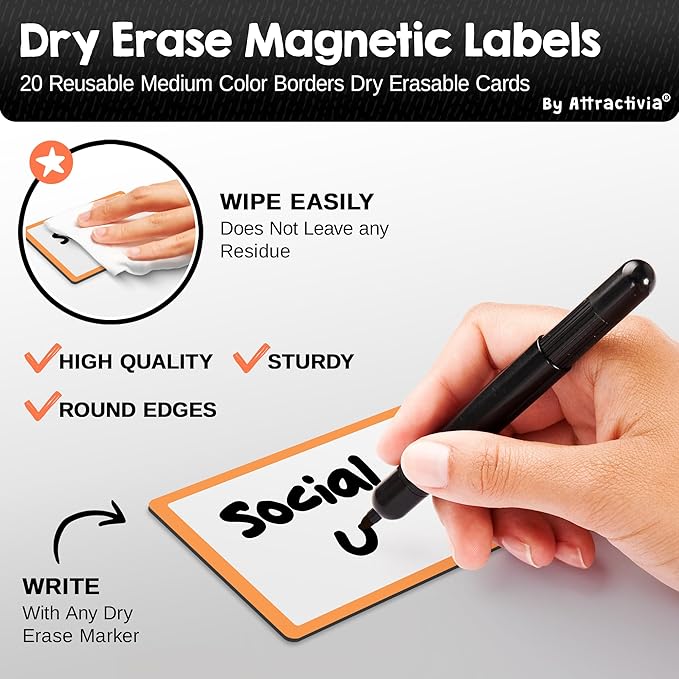 Attractivia Dry Erase Magnetic Labels 3.7 x 2.8 in, Color Borders, Medium Dry Erase Magnets, 20-Pack, White Erasable Write-On All-Purpose Labels, for Office, Education, Home, Whiteboard