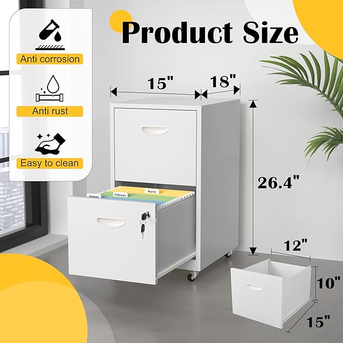 SteeLoong 2 Drawer File Cabinet with Lock，White Rolling File Cabinet for Home Office, Metal Small Mobile Filing Cabinets on Wheels for Hanging Letter