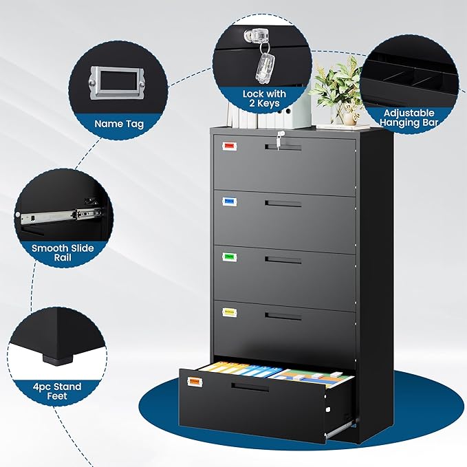 PEUKC 5 Drawer File Cabinet, Lateral Filing Cabinets for Home Office, Office Storage Drawers with Lock, Hanging Files Legal/Letter A4 Size (Assemble Required,Black)