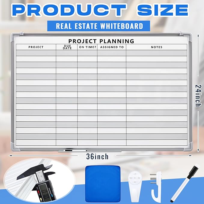 Lincia Project Planning Dry Erase Whiteboard Magnetic Dry Erase Board with Lines Sliding Marker Tray Aluminum Frame White Board Planner for Wall Scheduling(36"x24",Project Planning Horizontal)