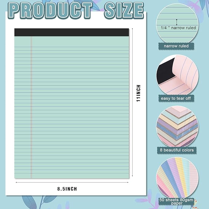 Fuutreo 8 Pcs 8.5'' x 11'' Colored Legal Pad Writing Pads Narrow Ruled 50 Sheets Per Notepad Perforated Writing Notepad Office Supplies for College Office Business (Childlike Color)