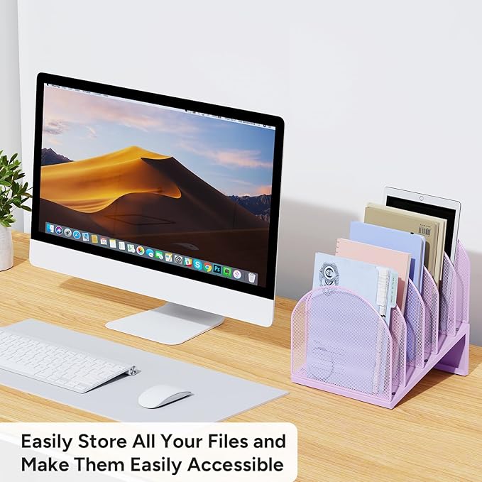 OUTIOE 5-Section Desk File Organizer, Metal Mesh Folder Organizer for Documents, Mail & Office Papers (Purple)