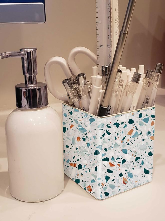 LEAZUL Pen Pencil Holder, Makeup Brush Holder,Ceramic Remote Control Holders Organizer with 2 Compartment Terrazzo Multi-functional Office Organizers Storage Caddy Desk Tv Remote Holders Light Blue