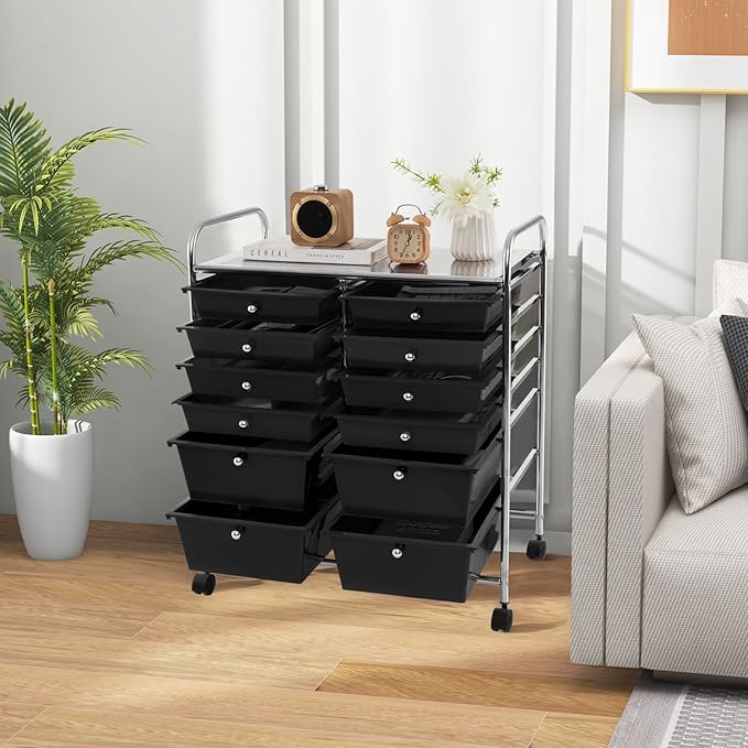 HAPPYGRILL Happygrill 12-Drawer Rolling Storage Cart, Multipurpose Organizer Cart for Home Office School, Utility Cart with Wheels, (Black)