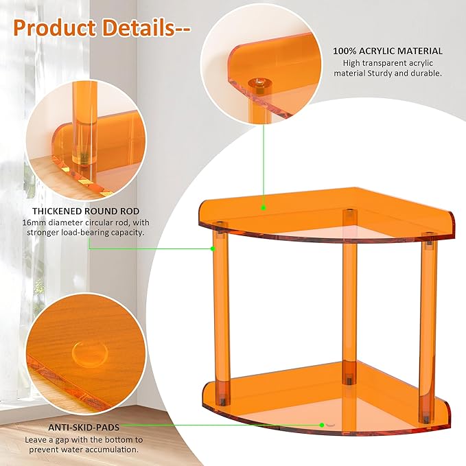 Sezanrpt 2 Tier Countertop Corner Organizer Shelf 7x7x8 Inch, Orange Acrylic Bathroom Corner Shelf for Countertop, Vanity Storage for Skincare, Cosmetics, Perfume