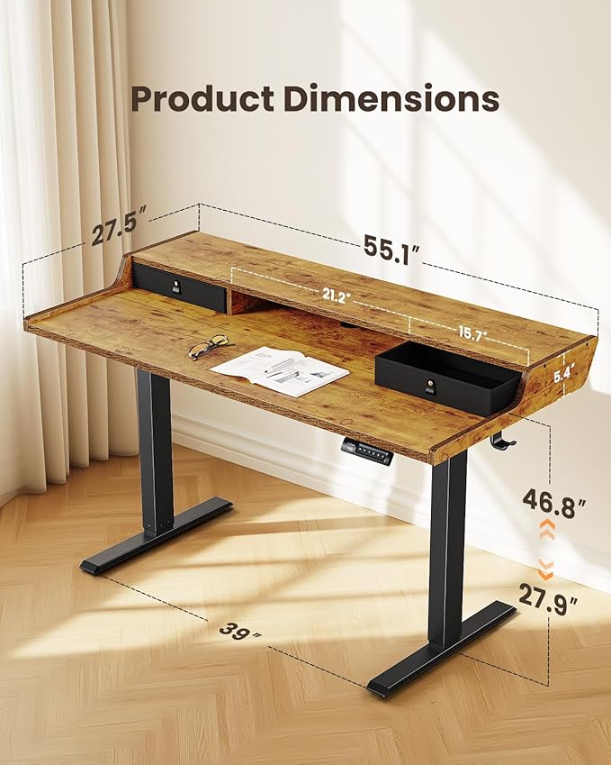 ErGear Electric Standing Desk with Drawers, 55″ x 28″ Gaming Table Compatible Monitor Stand, Stand up Desks, Home Office Height-Adjustable Desk with Storage Shelf, 4 Preset Heights, Vintage Brown