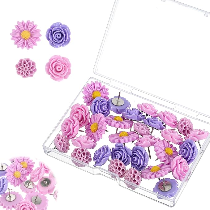 XLIUAX 40Pcs Flower Push Pins, Rose Thumb Tacks Cute Pink Thumbtacks for Cork Board Decorative Push Pins for Bulletin Board Photos Wall Maps Offices (Purple)