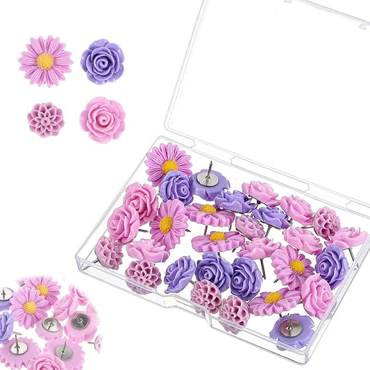 XLIUAX 40Pcs Flower Push Pins, Rose Thumb Tacks Cute Pink Thumbtacks for Cork Board Decorative Push Pins for Bulletin Board Photos Wall Maps Offices (Purple)